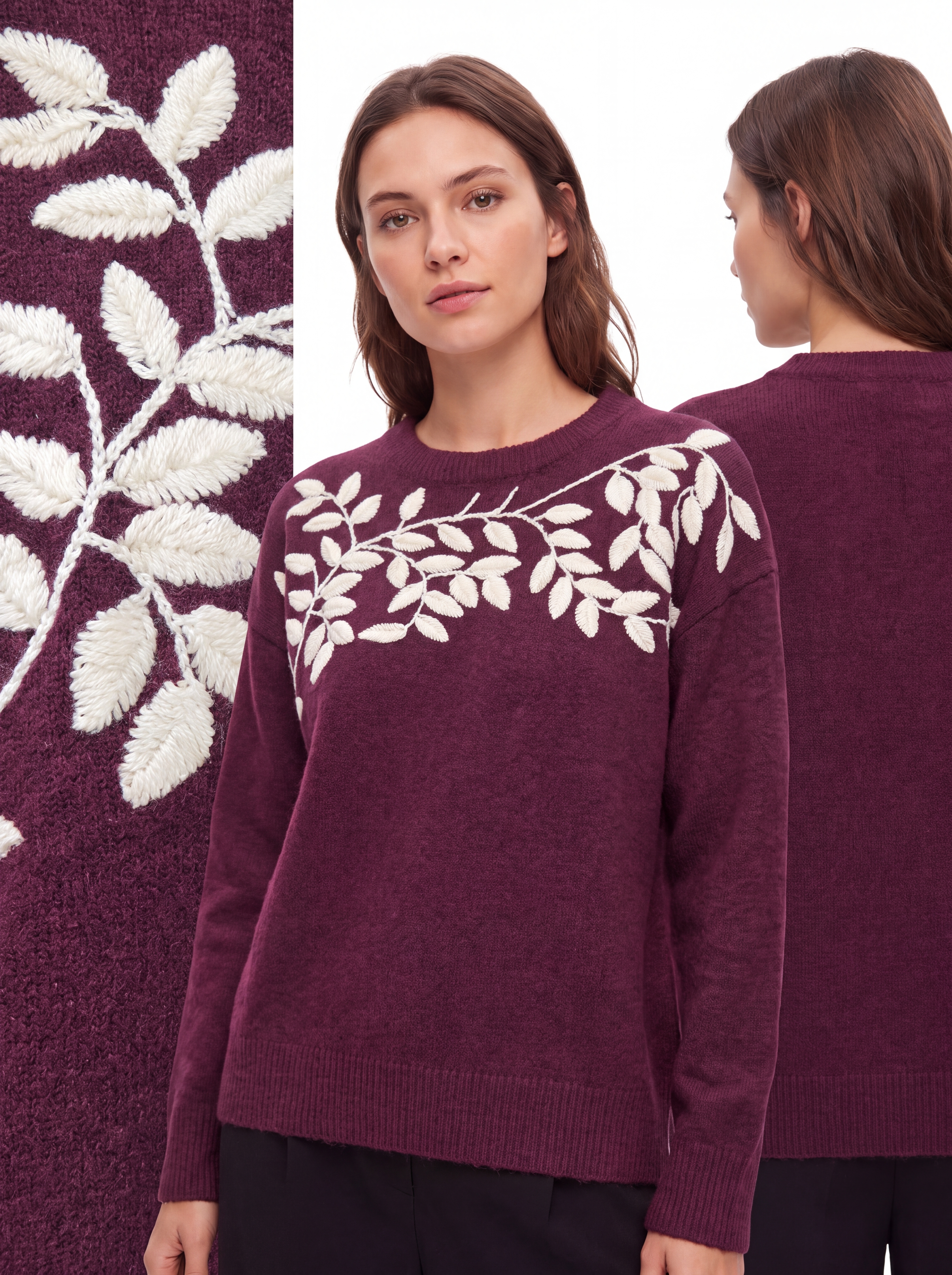 Dámsky pulóver s výšivkou a vetvičkami BURGUNDY MELANGE Bordový melír s.WEAR 3